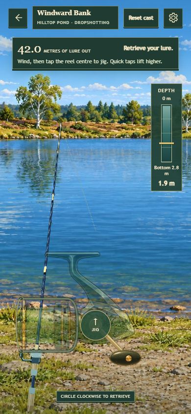 Hilltop Pond’s dropshotting view, with reel-centre jig control and depth gauge
