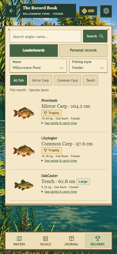 The Pocket Rod leaderboard with species records and catch details