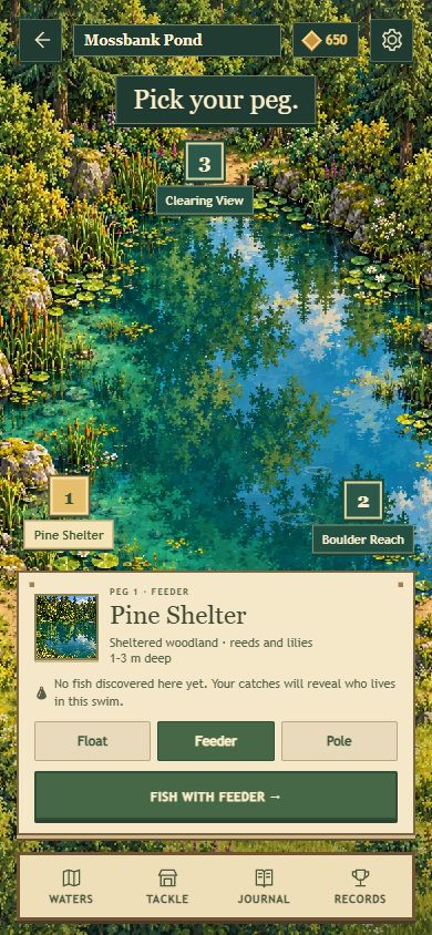 Mossbank Pond’s forest scenery and peg-selection screen