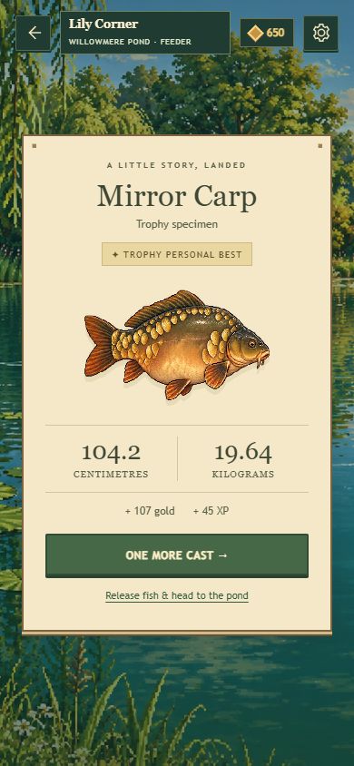 A trophy-sized Mirror Carp shown on Pocket Rod’s landed-fish screen